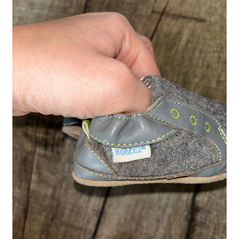Robeez Baby Boys Grey Leather Denim Soft Sole Crib Shoes Lime Green‎ Accents
